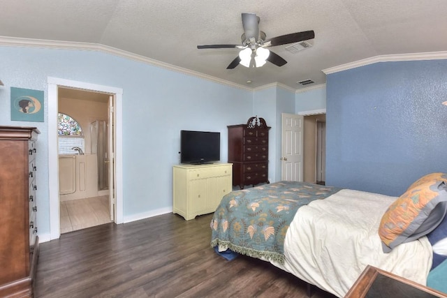 2718 Summerwalk Pl, Round Rock, TX 78665 - bedroom featuring lofted ceiling, dark wood-type flooring, ornamental molding, a ceiling fan, and a textured ceiling