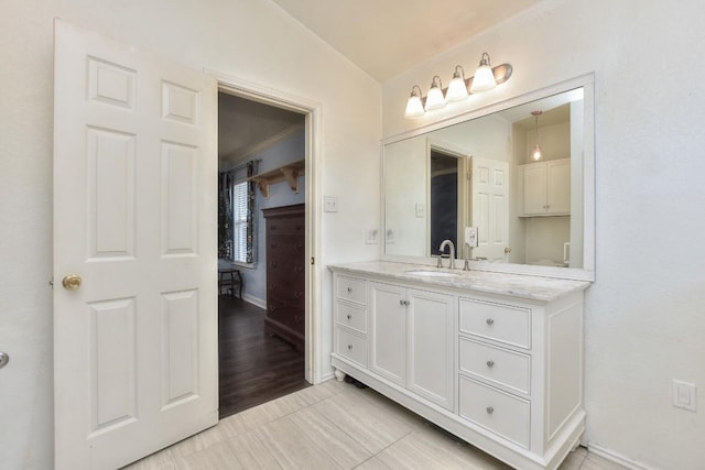 2718 Summerwalk Pl, Round Rock, TX 78665 - bathroom with vanity, vaulted ceiling, and tile patterned flooring