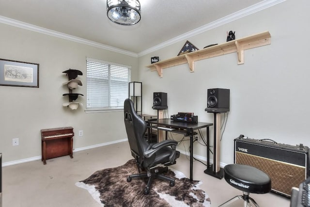 home office with crown molding and light colored carpet