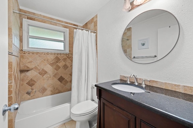 full bathroom with vanity, ornamental molding, toilet, and shower / bath combo with shower curtain