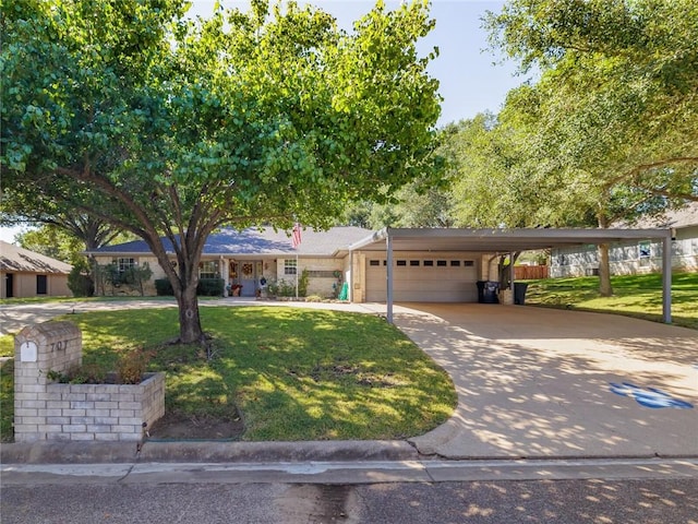 ranch-style home featuring a garage and a front yard