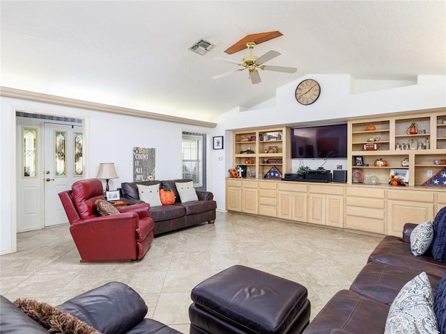 tiled living room with vaulted ceiling and ceiling fan