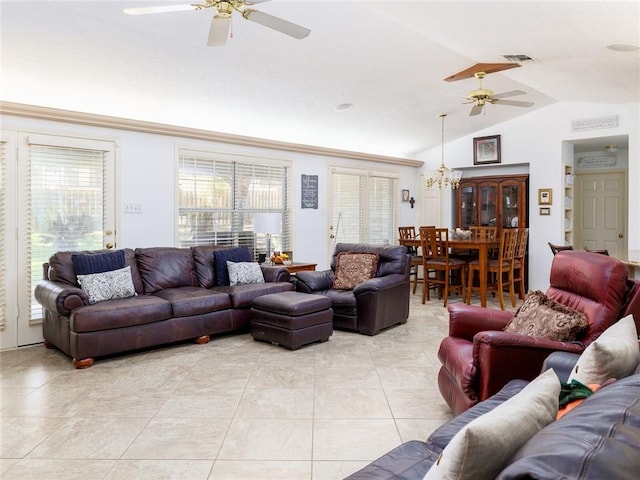 tiled living room with lofted ceiling and ceiling fan