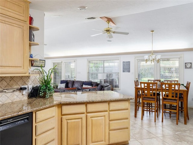 kitchen with ceiling fan with notable chandelier, dishwasher, decorative backsplash, light tile patterned floors, and light brown cabinets