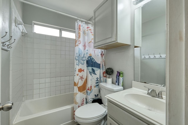 full bathroom with toilet, vanity, and shower / bathtub combination with curtain