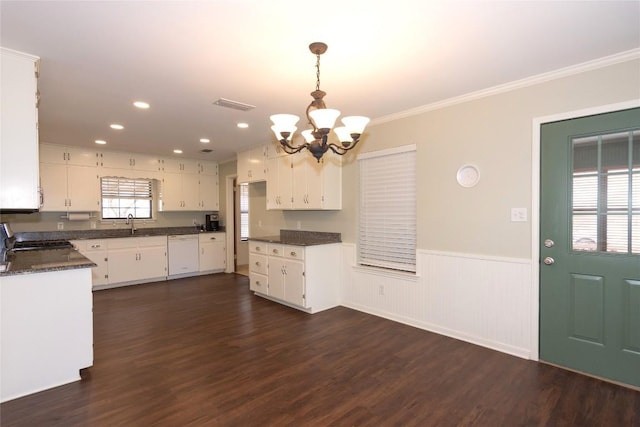 kitchen featuring white cabinetry, dishwasher, range, and dark hardwood / wood-style flooring