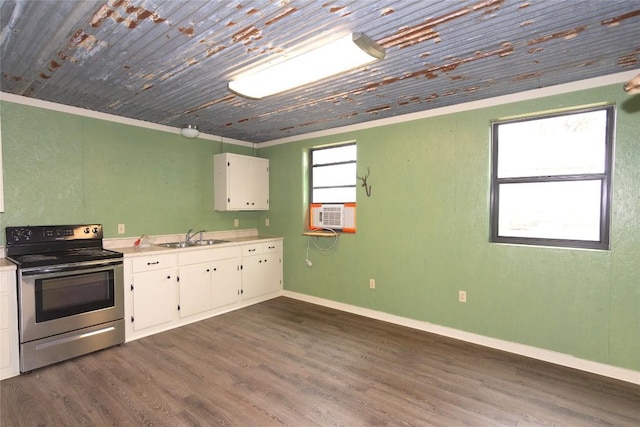 kitchen featuring sink, stainless steel electric range, wood ceiling, white cabinetry, and dark hardwood / wood-style flooring