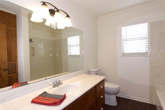 full bathroom with hardwood / wood-style flooring, tub / shower combination, vanity, ornamental molding, and toilet