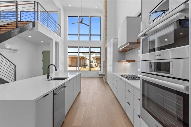 kitchen featuring appliances with stainless steel finishes, modern cabinets, light wood-style floors, and a sink