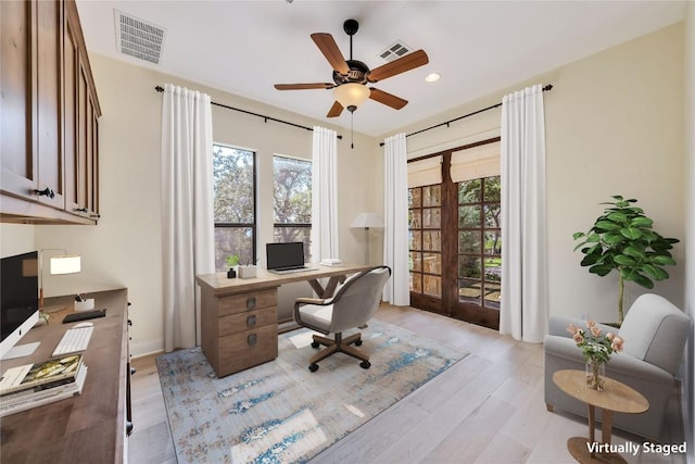 3701 Copper Ridge Ct, Austin, TX 78734 - office space with light wood-style flooring, ceiling fan, french doors, and recessed lighting