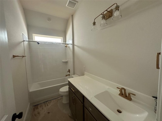 full bathroom with toilet, shower / bathtub combination, visible vents, and vanity