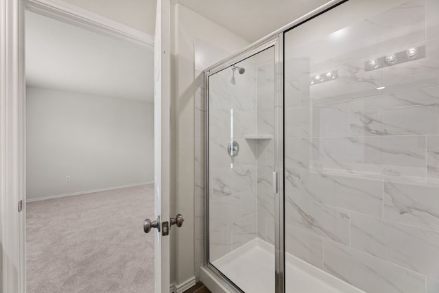 bathroom featuring a shower with shower door