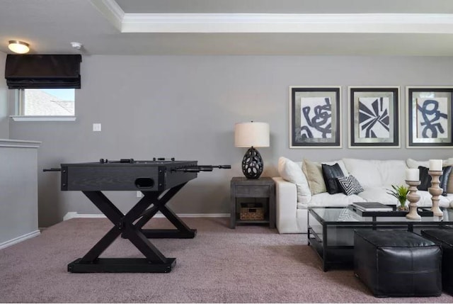 interior space with a tray ceiling, crown molding, and carpet