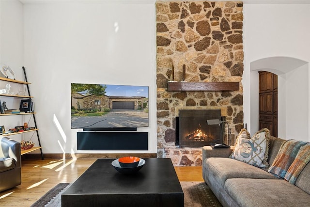 living room with wood-type flooring and a stone fireplace