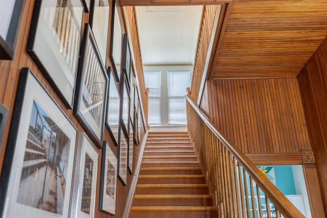 stairway featuring wood walls