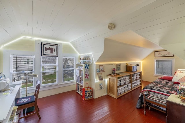 bedroom featuring dark wood-type flooring, wood ceiling, and vaulted ceiling