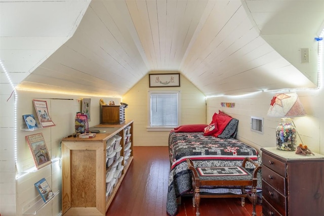 bedroom with wood ceiling, vaulted ceiling, and dark hardwood / wood-style floors