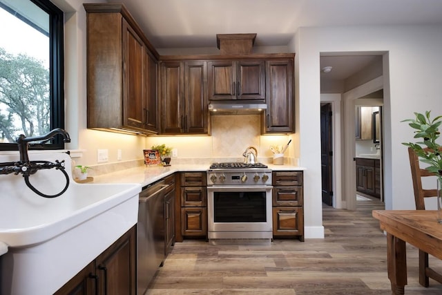 kitchen with dark brown cabinets, stainless steel appliances, sink, and light hardwood / wood-style flooring