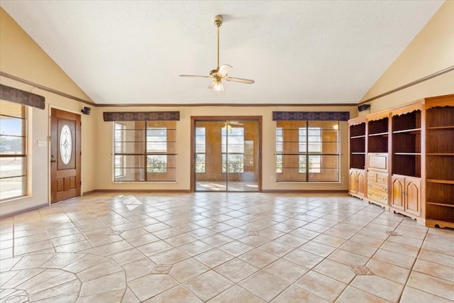 unfurnished living room with light tile patterned floors, vaulted ceiling, and ceiling fan