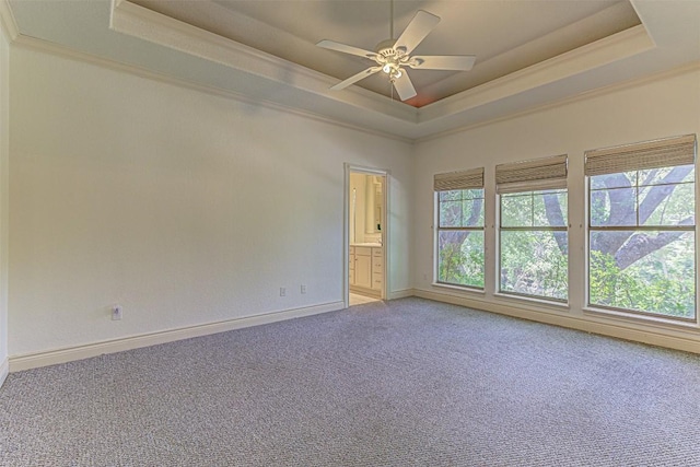 unfurnished room featuring ceiling fan, ornamental molding, carpet flooring, and a raised ceiling