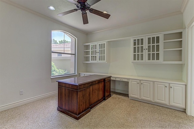 unfurnished office with light carpet, crown molding, and ceiling fan