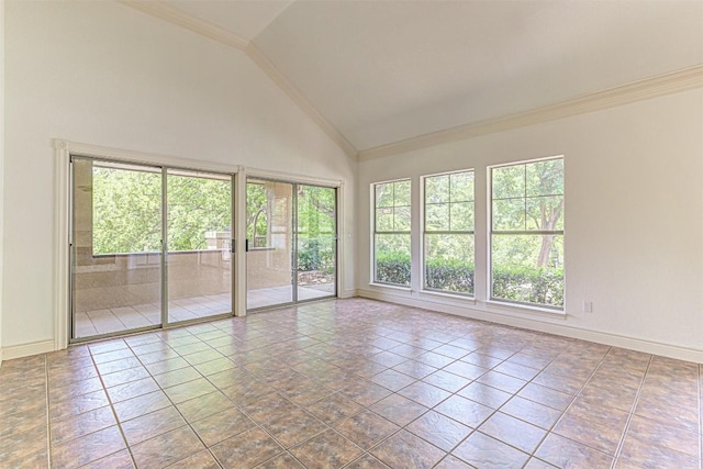 tiled spare room with crown molding and high vaulted ceiling