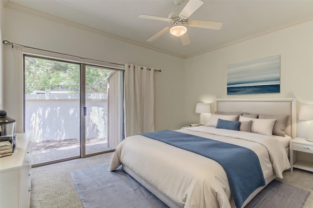 bedroom featuring crown molding, light carpet, access to outside, and ceiling fan