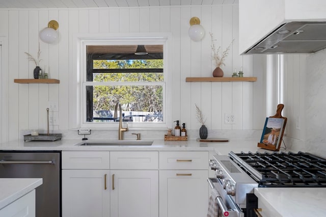 kitchen featuring sink, white cabinetry, light stone counters, ventilation hood, and stainless steel appliances