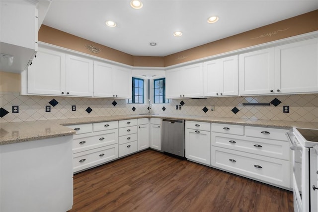 kitchen with sink, white cabinetry, light stone counters, dark hardwood / wood-style flooring, and dishwasher