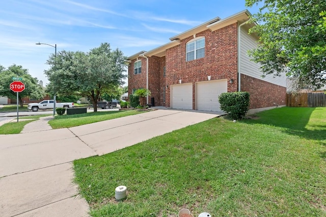 view of side of home with a garage and a lawn