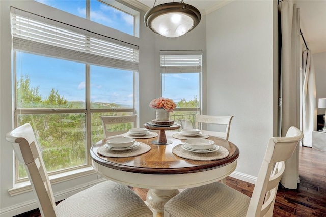 dining area featuring ornamental molding, a healthy amount of sunlight, and dark hardwood / wood-style floors