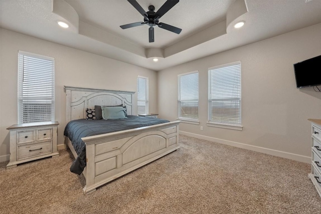 bedroom featuring multiple windows, a tray ceiling, and light carpet