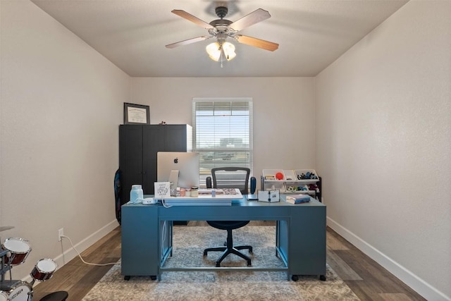 office space featuring dark wood-type flooring and ceiling fan