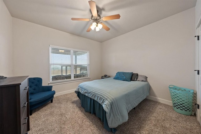 bedroom with light colored carpet and ceiling fan