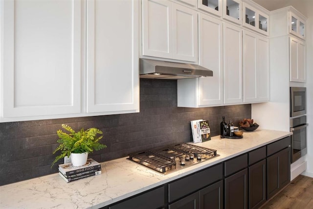 2516 Carretera Dr, Leander, TX 78641 - kitchen with under cabinet range hood, glass insert cabinets, light stone counters, stainless steel appliances, and white cabinets