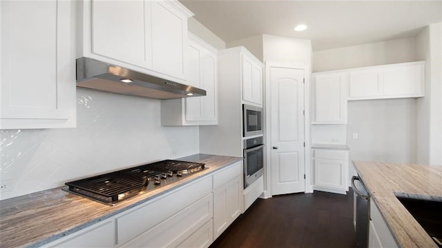 kitchen with white cabinetry, dark hardwood / wood-style flooring, and appliances with stainless steel finishes