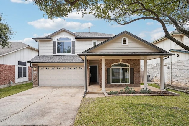 view of front of property with a porch, a garage, central AC unit, and a front lawn