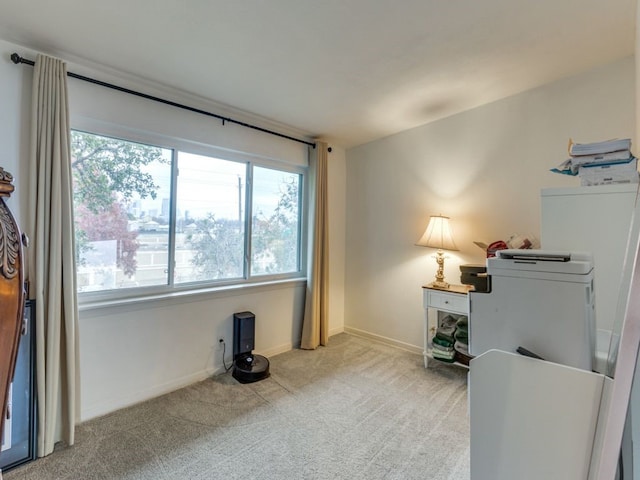 living area featuring light carpet