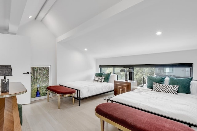 bedroom with high vaulted ceiling, recessed lighting, beam ceiling, and light wood-style flooring