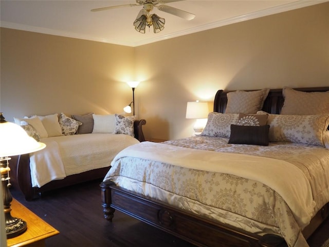 bedroom with dark wood-type flooring, ornamental molding, and ceiling fan