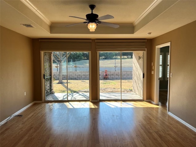 doorway with crown molding, a healthy amount of sunlight, and a raised ceiling