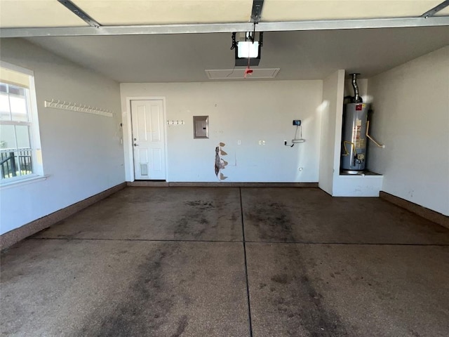 garage with a garage door opener, gas water heater, and electric panel