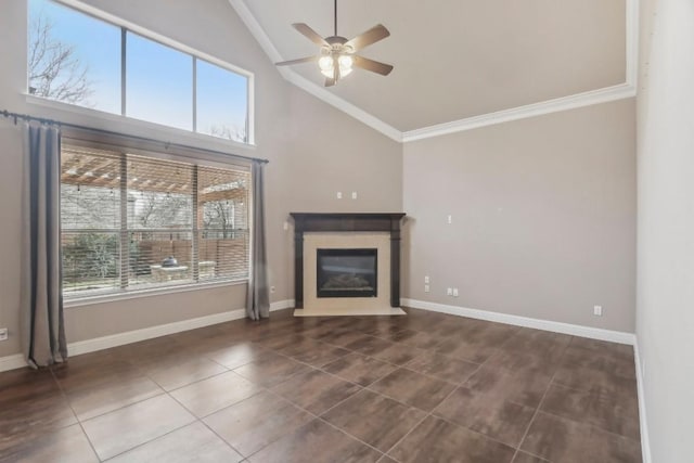 unfurnished living room featuring crown molding, high vaulted ceiling, tile patterned floors, and ceiling fan