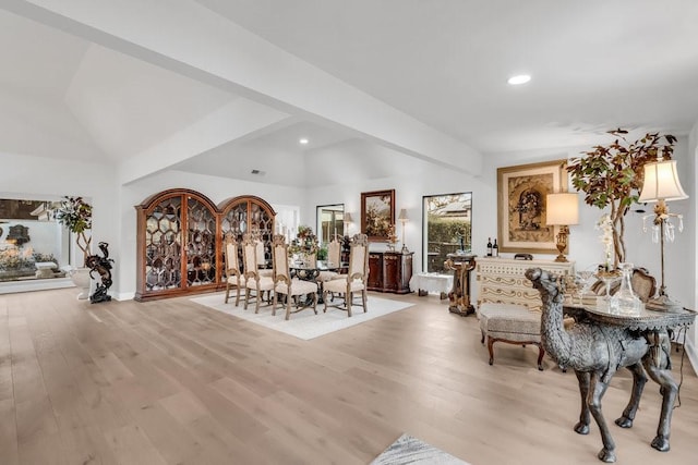 1027 Challenger, Lakeway, TX 78734 - dining room with recessed lighting, light wood-style floors, and vaulted ceiling
