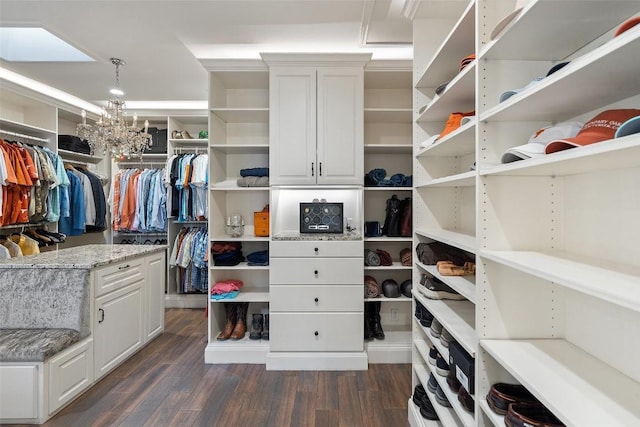 walk in closet with an inviting chandelier and dark hardwood / wood-style floors