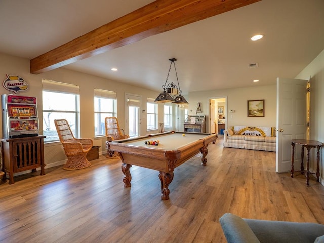 playroom featuring billiards, beam ceiling, and light hardwood / wood-style flooring