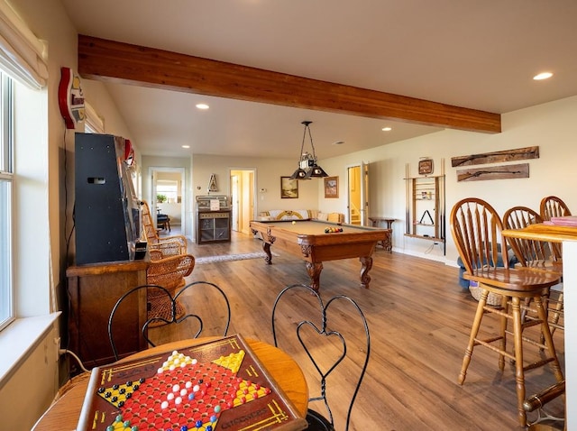 playroom with beam ceiling, billiards, and hardwood / wood-style flooring