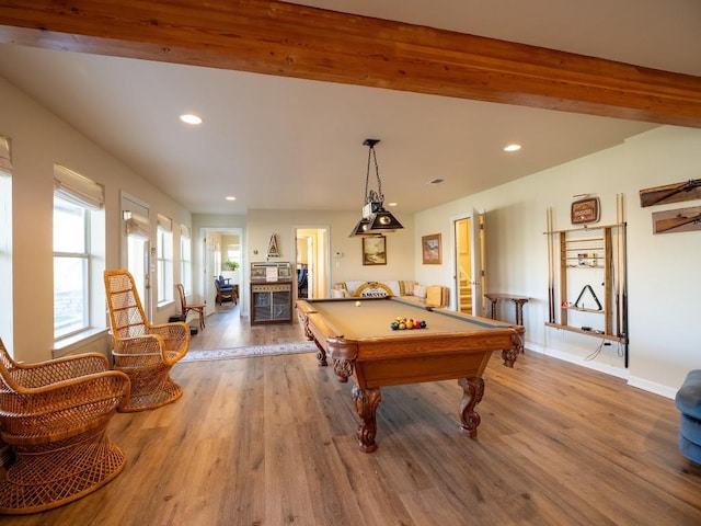 playroom with beamed ceiling, billiards, and wood-type flooring