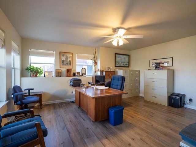 home office with ceiling fan and hardwood / wood-style floors