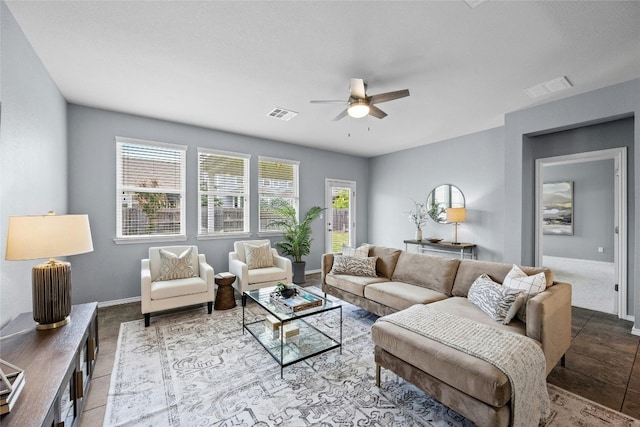 living room with ceiling fan